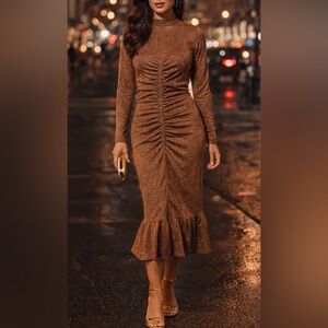 Collective Concepts Dress size Small Brown Metallic Ruched Mock Neck Midi NWT
